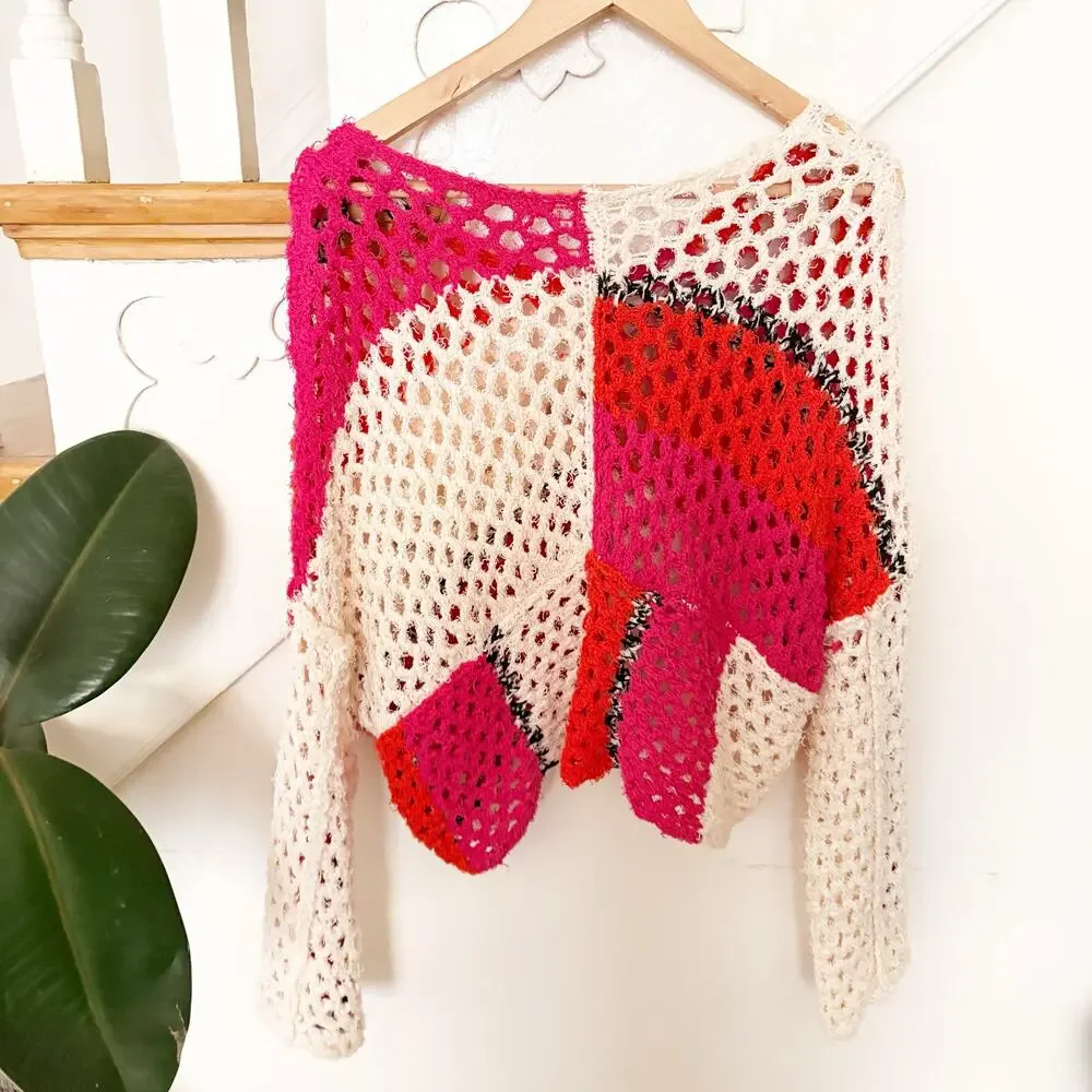 Free People Sail Away Sweater Open Knit Crochet Pullover Pink Red Cream Size S
